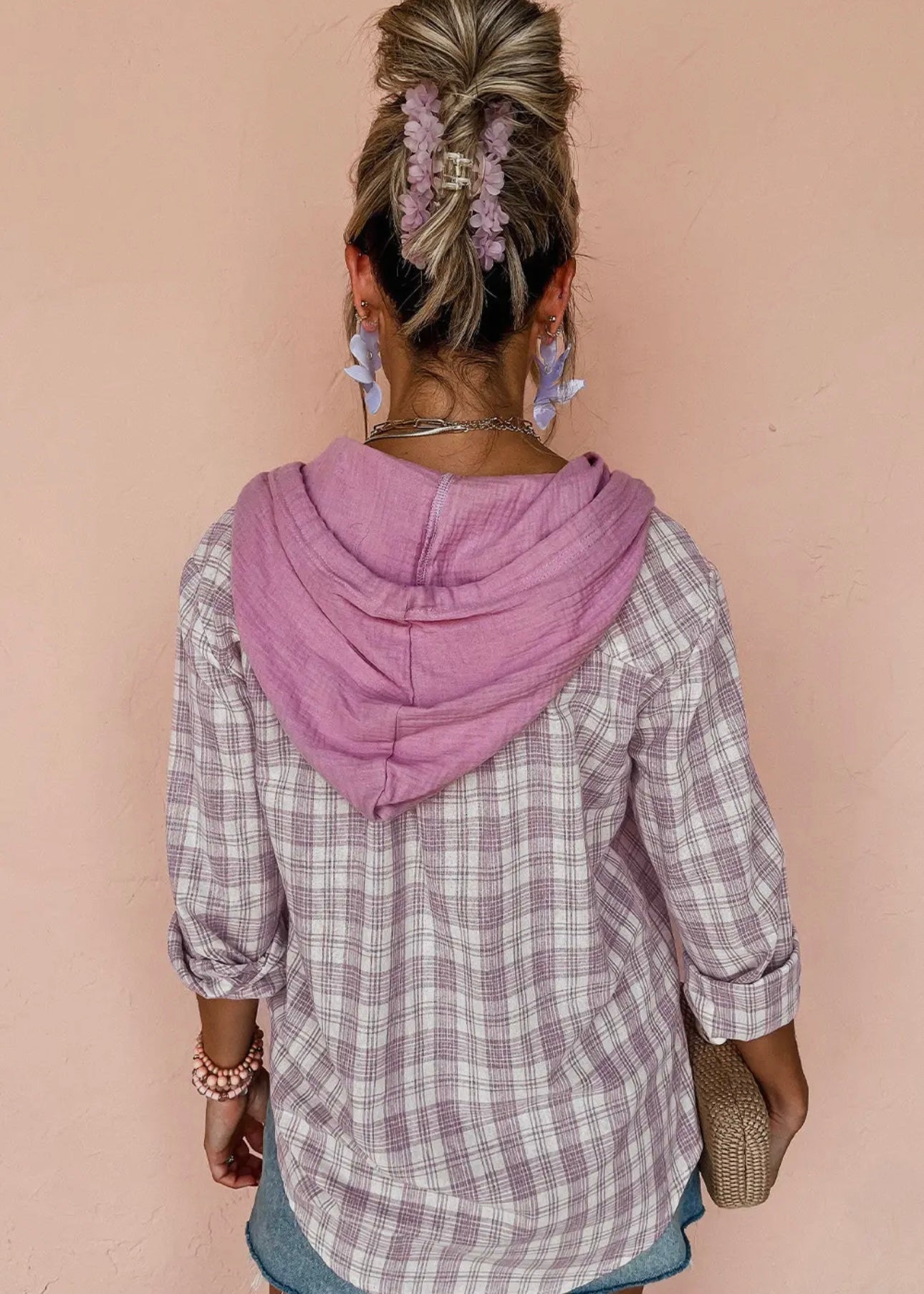 Checkered Print Hooded Patchwork Loose Fit Shacket SHEWIN INC.