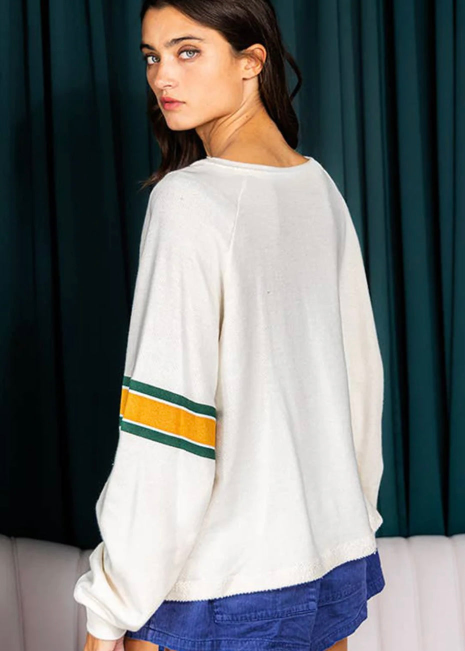 White Printed Retro Sporty Long Sleeve Top YNIQUE