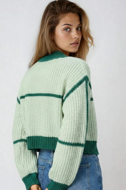 Green Two-Tone Color Block Cardigan