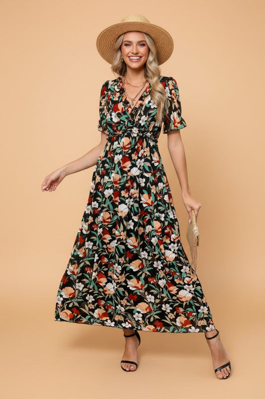 Floral Frilled V-Neck Short Sleeve Maxi Dress