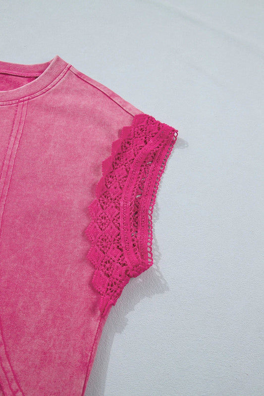 Mineral Wash Raw Seam Lace Cap Sleeve Top
