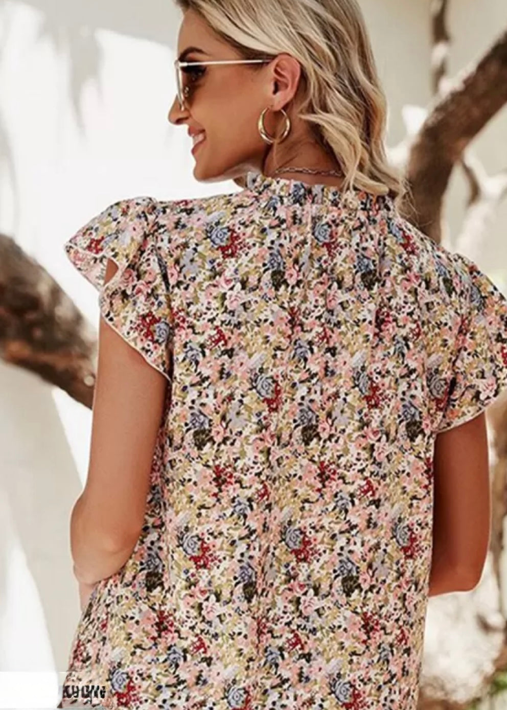 Red Boho Floral Frilled Button Neck Ruffle Blouse EG fashion