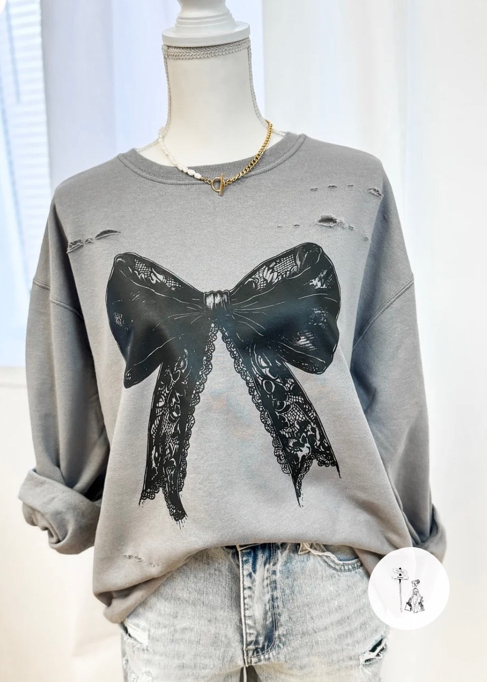 Distressed Wednesday Bow Graphic Sweatshirt Poet Street Boutique