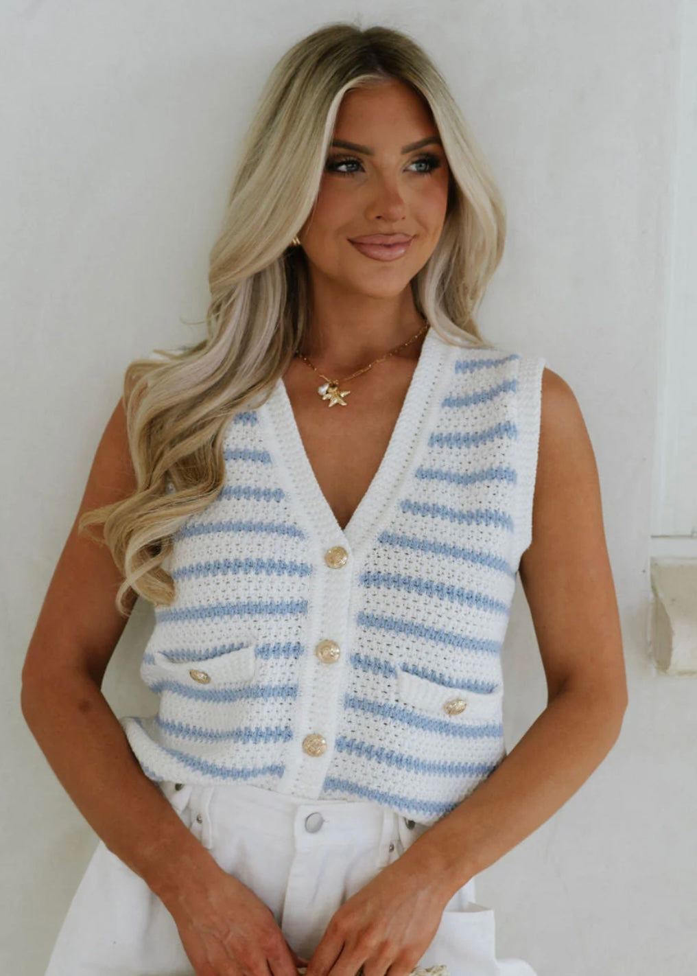 Cotton Blue Striped V Neck Button Knit Vest EG fashion