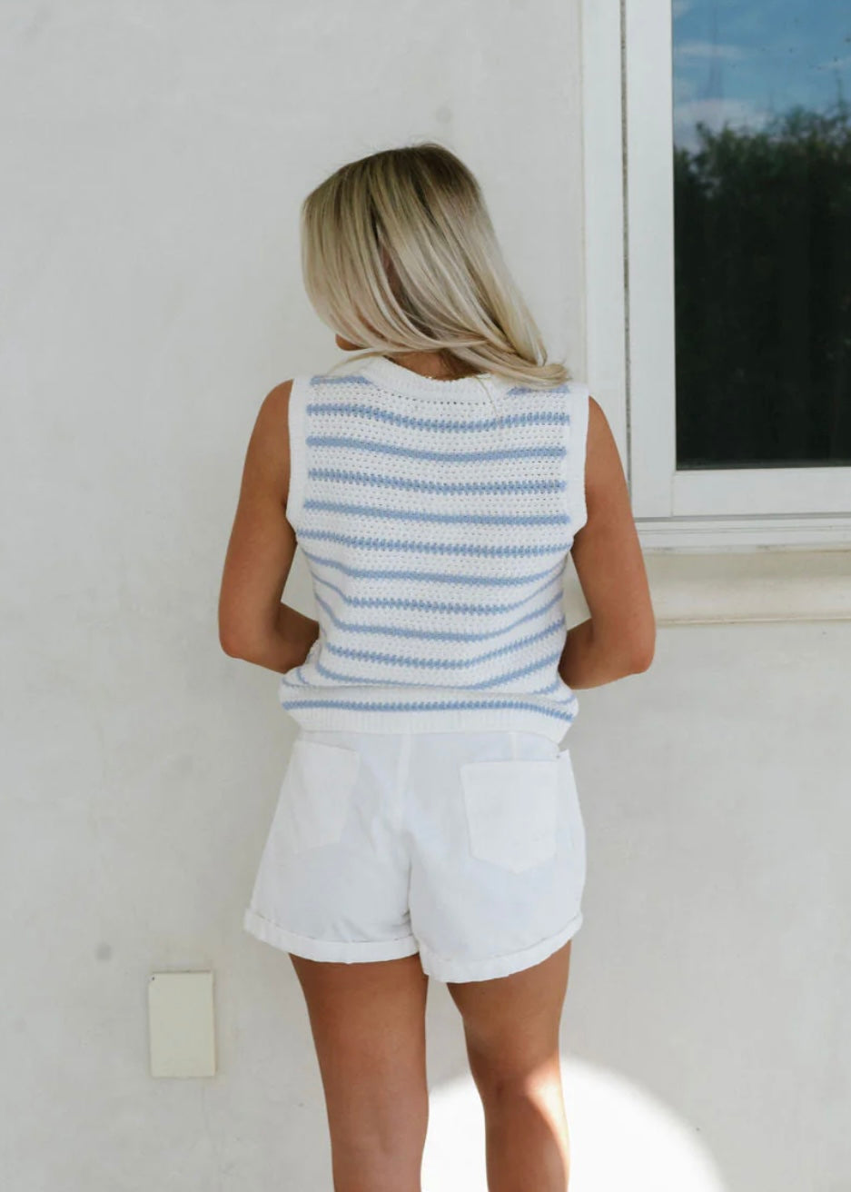 Cotton Blue Striped V Neck Button Knit Vest EG fashion