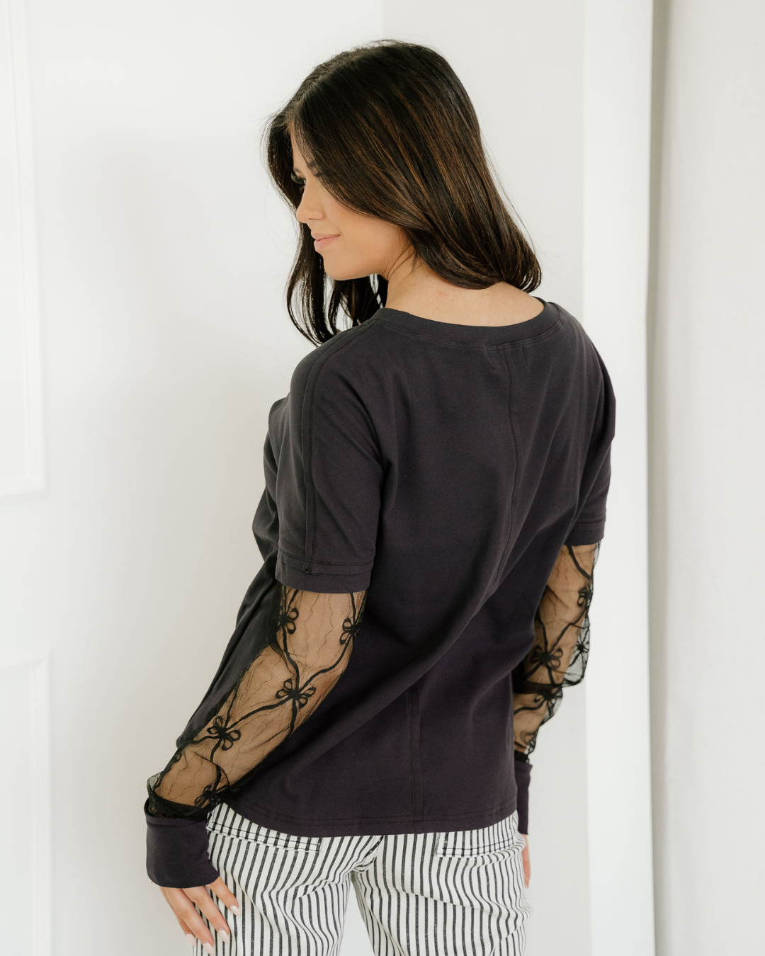 Lace Layered Long Sleeve Tee - Black