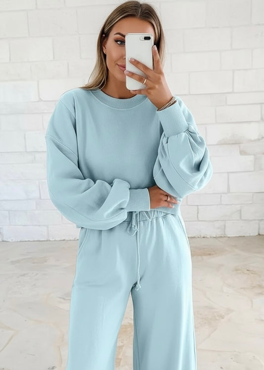 Puff Sleeve Crop Pullover Drawstring Wide Leg Pants Set