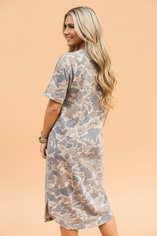 Camo Short Sleeve Drop Shoulder Side Slit Dress