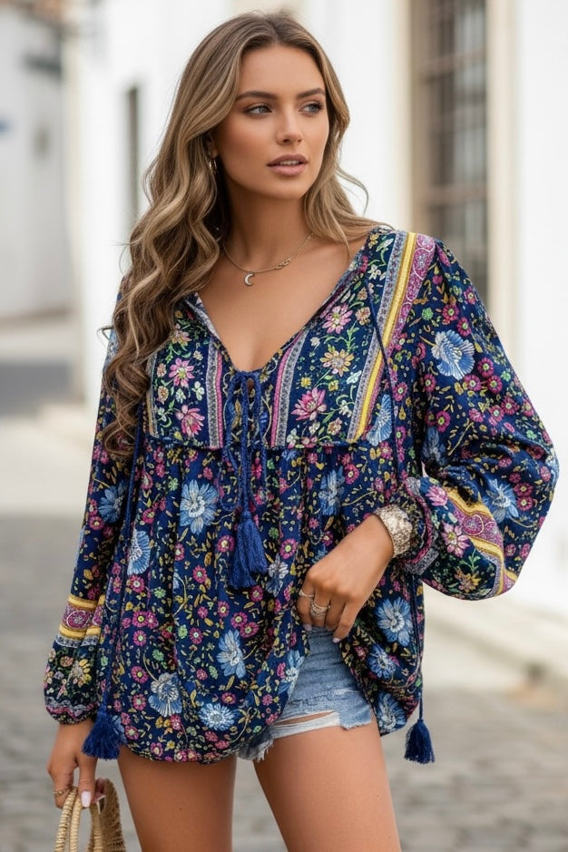 All Over Floral Print Cross Deep V Boho Top Supreme Fashion