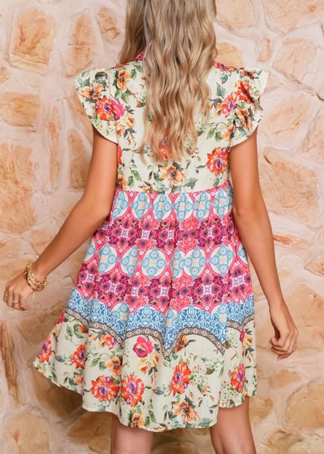 Rose Floral Ethnic Print Ruffle Mini Dress EG fashion