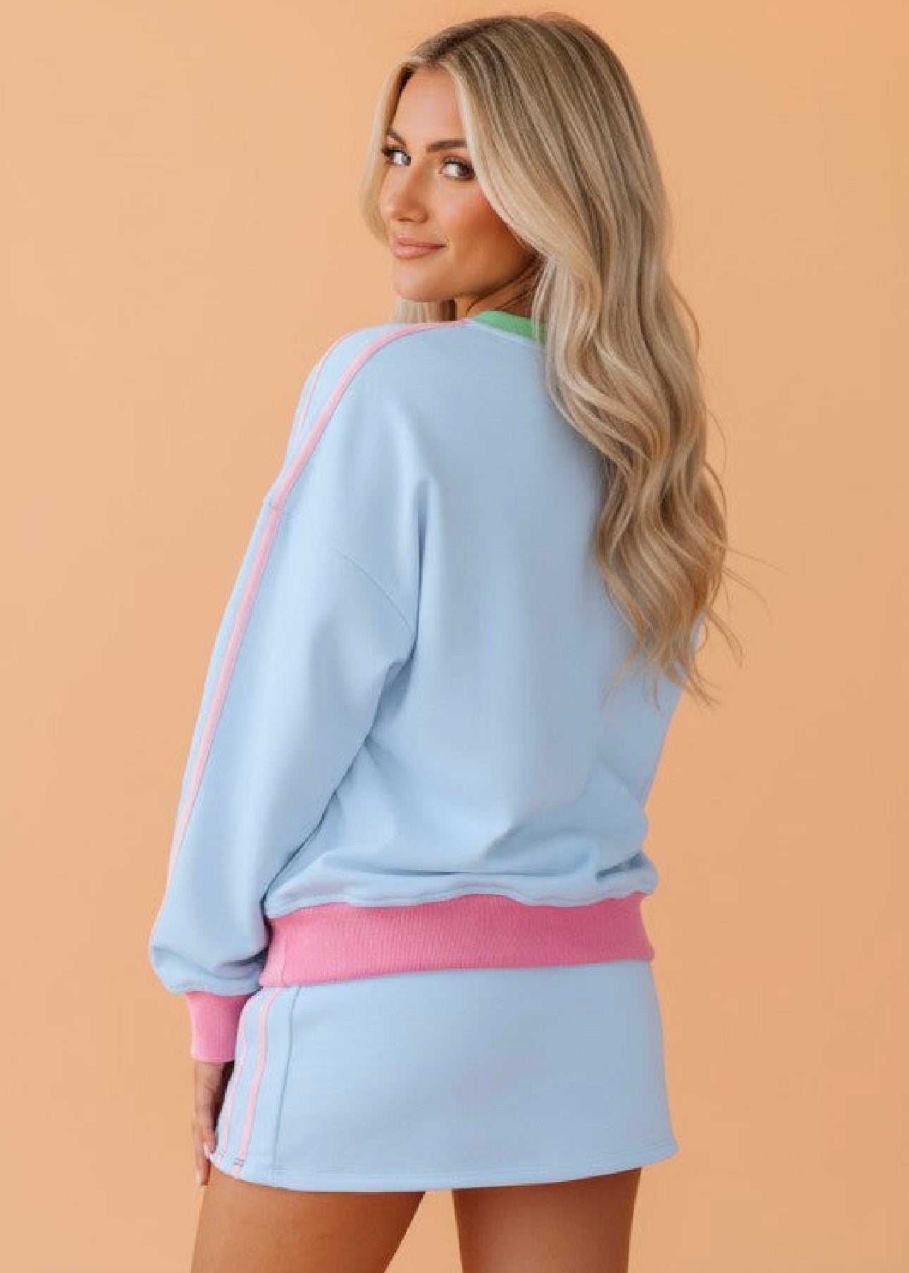 Colorblock Ribbed V-Neck & Skort Athleisure Set