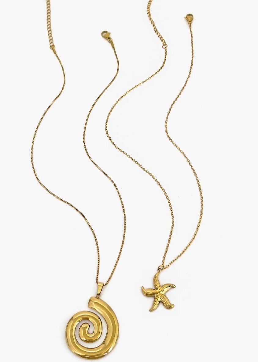 2-Piece 18K Gold-Plated Starfish Spiral Pendant Necklace