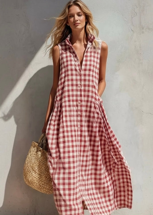 Sleeveless Gingham Button-Down Midi Dress