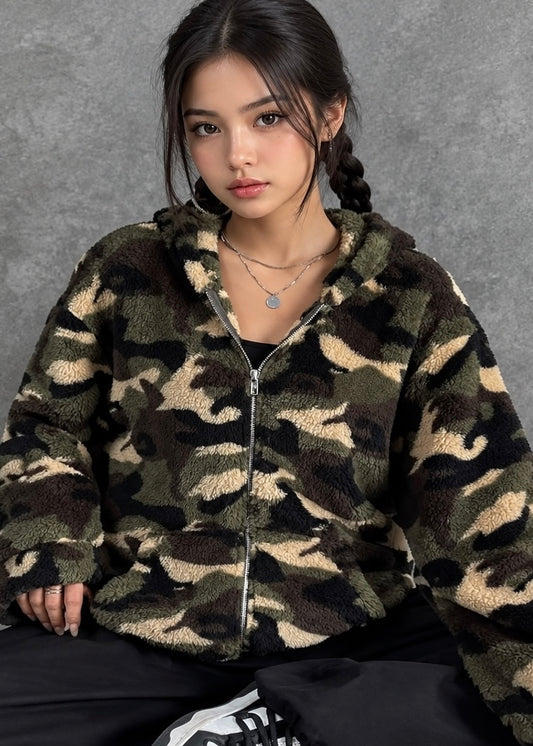 Camo Print Fuzzy Zip Up Outerwear