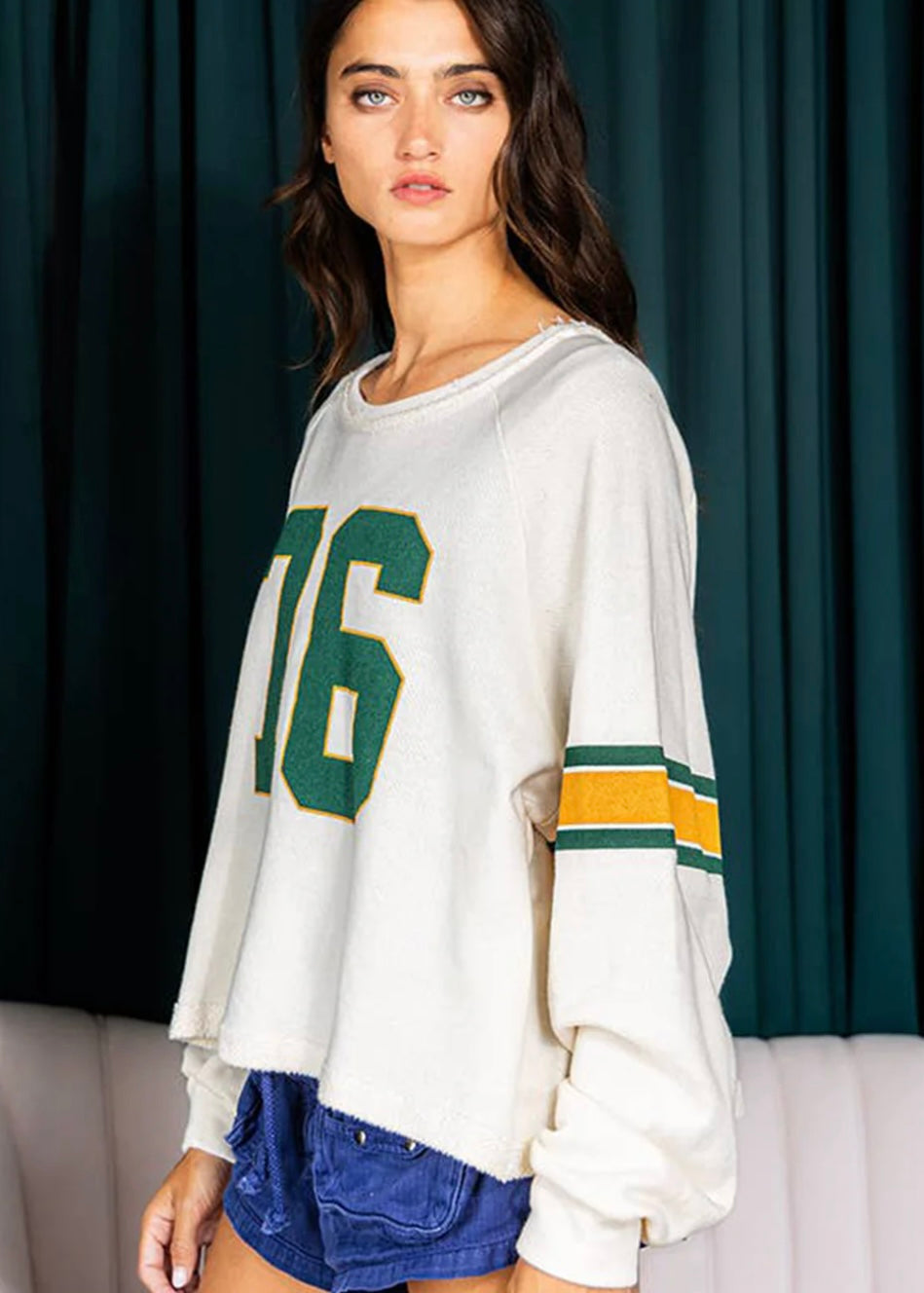 White Printed Retro Sporty Long Sleeve Top YNIQUE