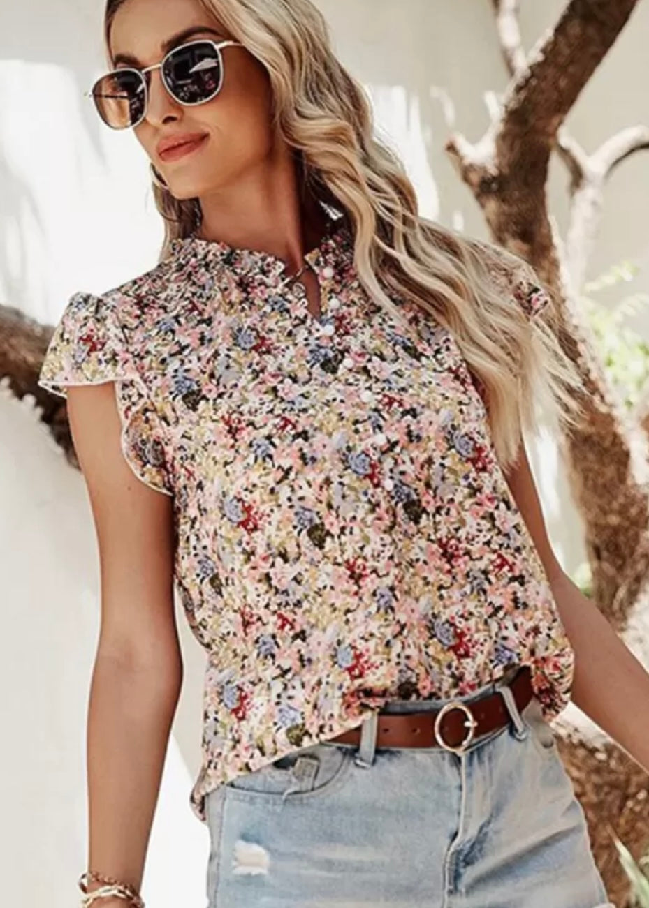 Red Boho Floral Frilled Button Neck Ruffle Blouse EG fashion