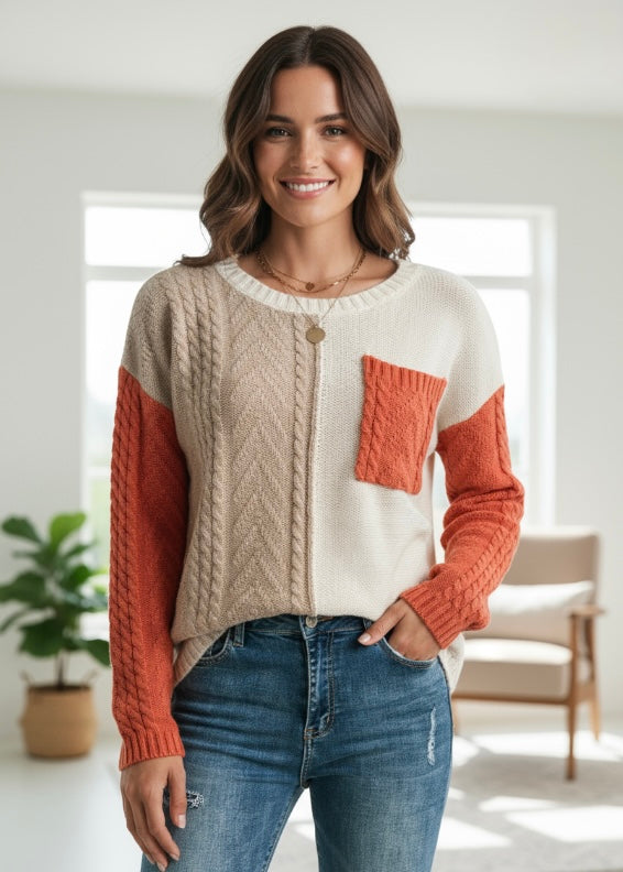 Colorblock Patch Pocket Drop Shoulder Sweater Poet Street Boutique