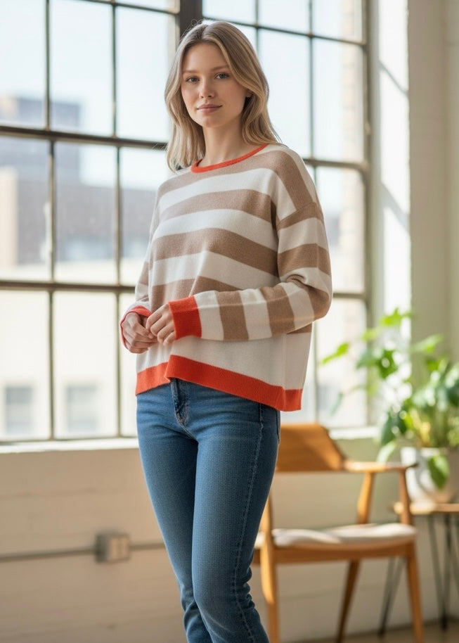 Stripe Colorblock Crewneck Drop Shoulder Sweater JUNIPER BLVD