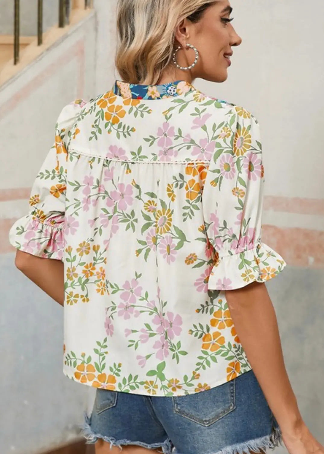 Multicolour Half Sleeve Boho Floral Blouse EG fashion