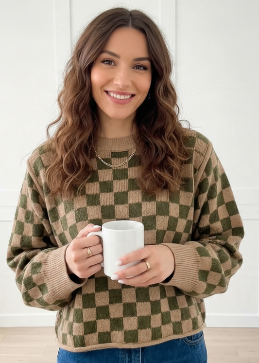 Taupe Plaid 100% Cotton Knit Sweater