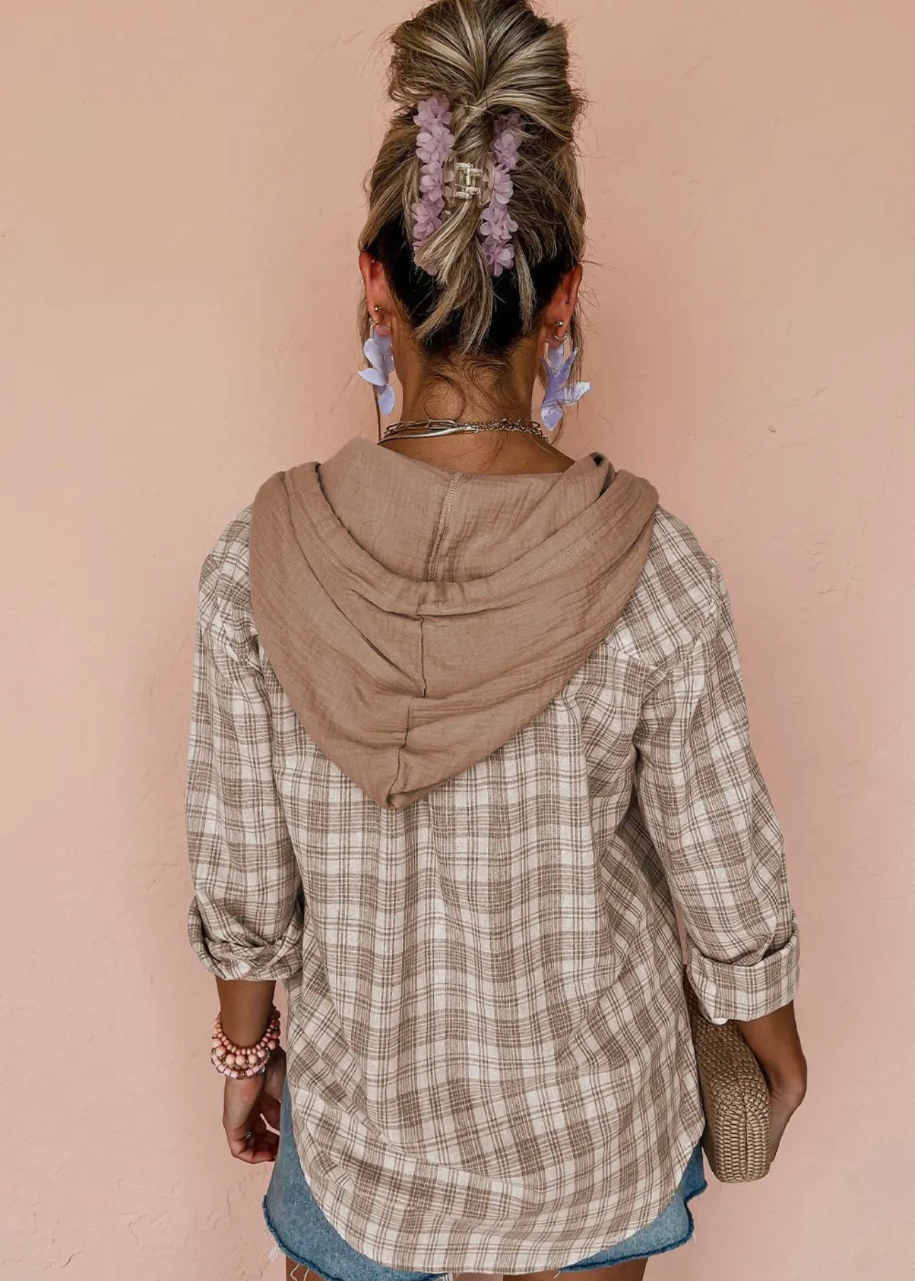 Checkered Print Hooded Patchwork Loose Fit Shacket SHEWIN INC.