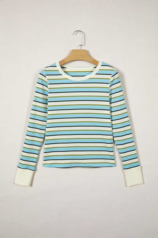 Stripe Round Neck Ribbed Knit Long Sleeve Top