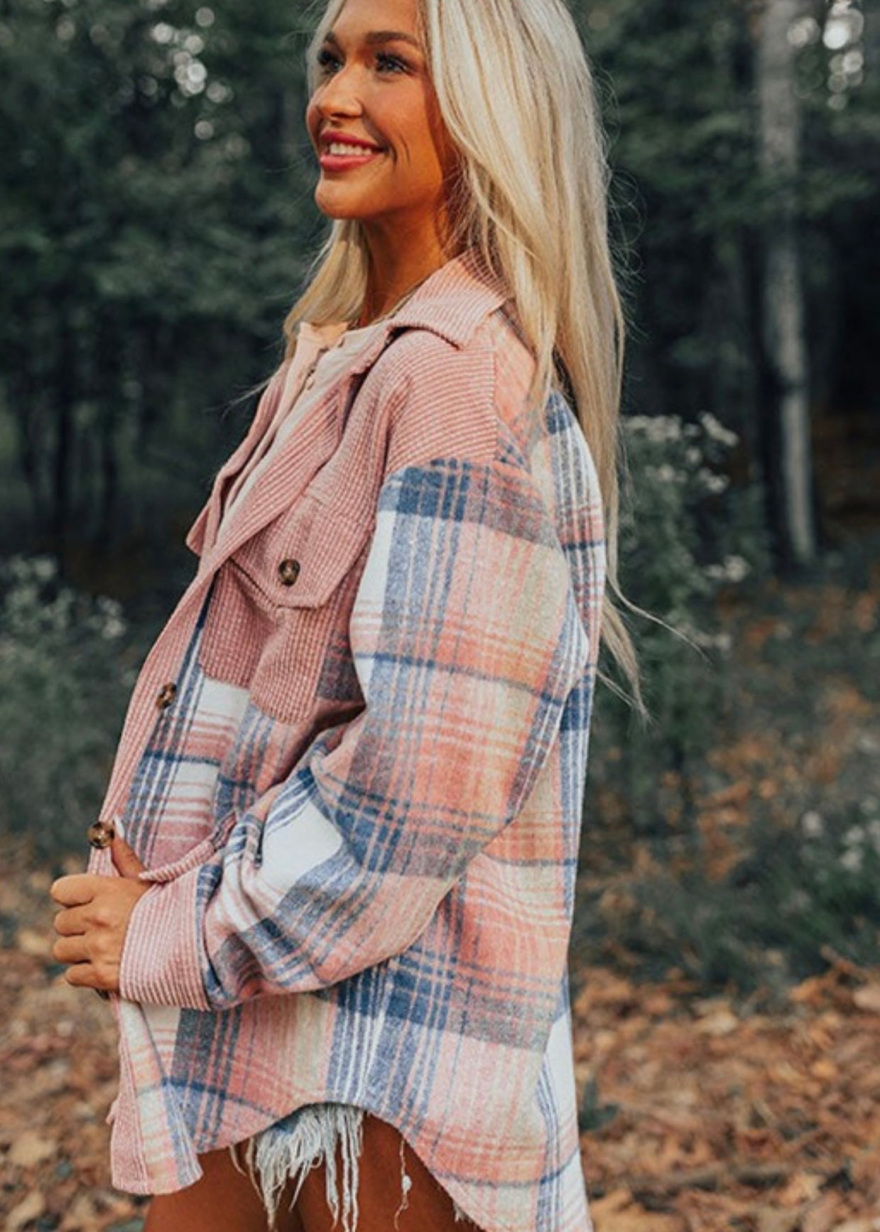 Plaid Corduroy Patch Pocket Loose Shacket Shirt EG fashion