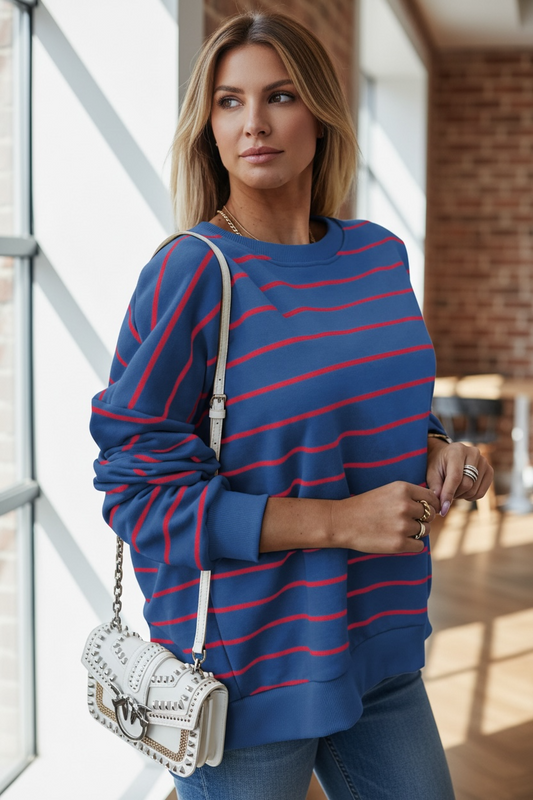 Striped Overlap Detail Drop Shoulder Pullover EG fashion