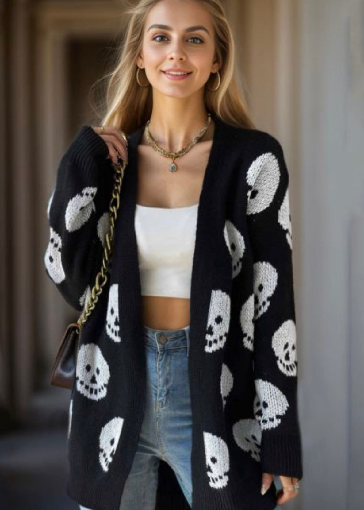 Black & White Skull Print Cardigan Poet Street Boutique