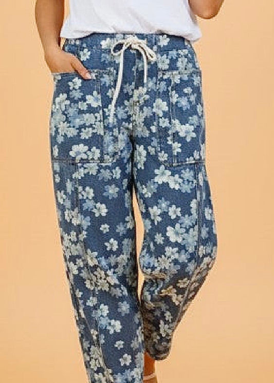 Floral Denim Drawstring Barrel Leg Jeans