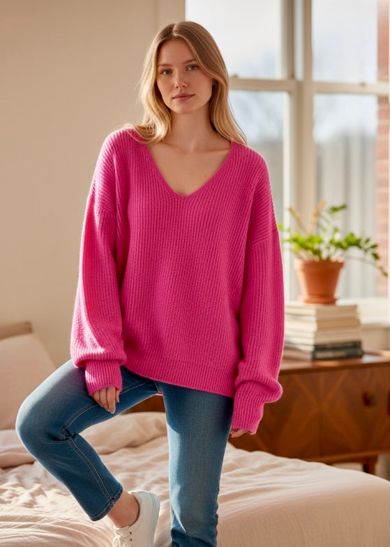 Miss Sparkling Bright Ribbed V-neck Sweater Miss Sparkling