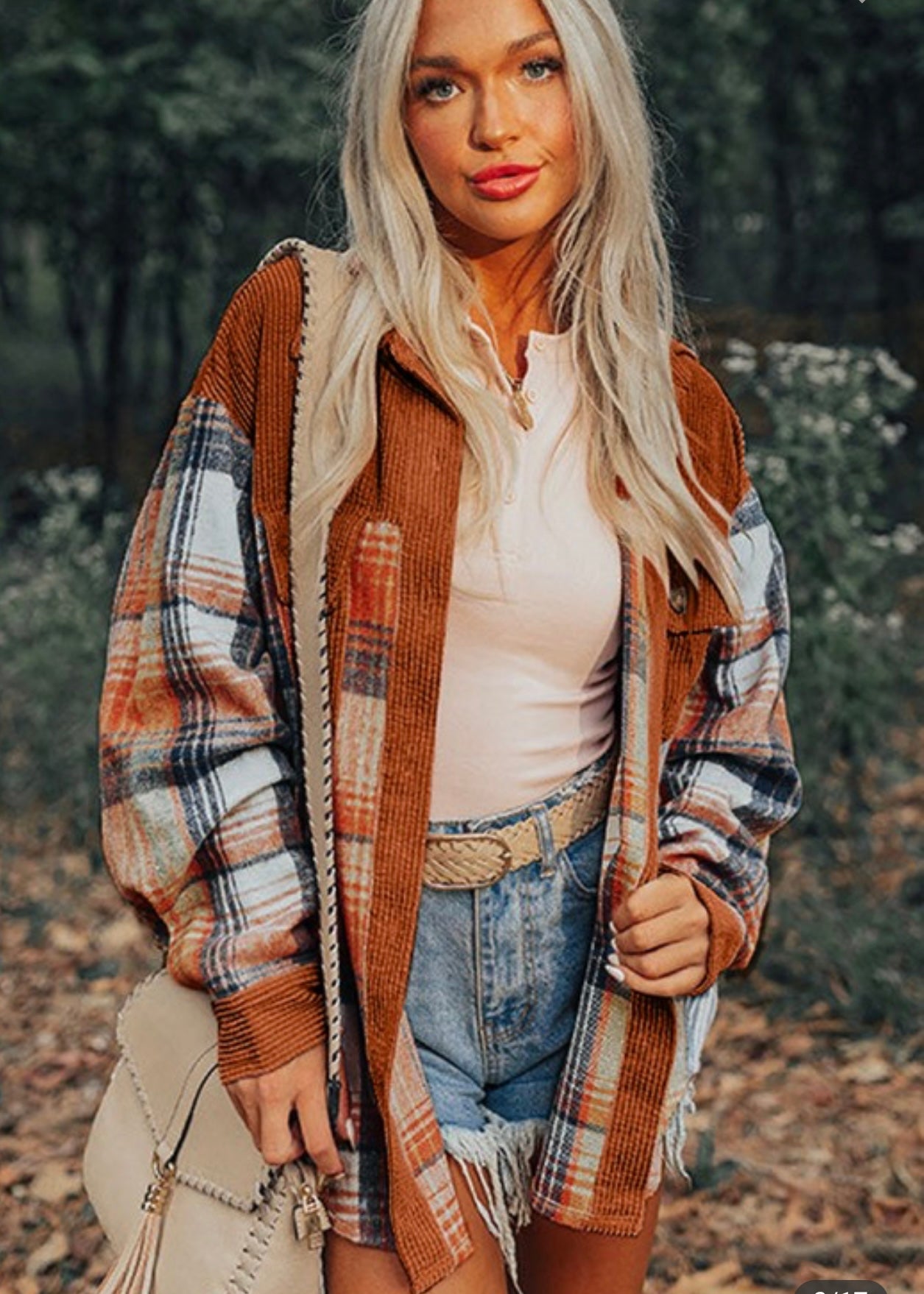 Plaid Corduroy Patch Pocket Loose Shacket Shirt EG fashion