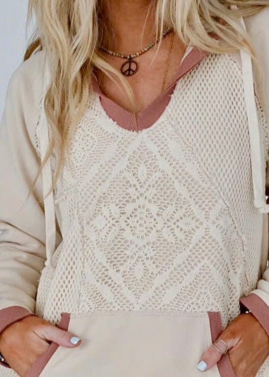 Crochet Knit Contrast Trim Hoodie