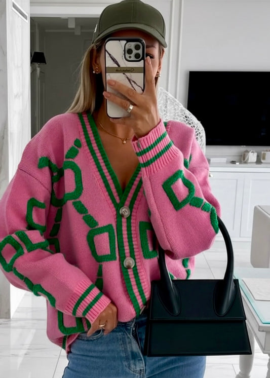 Green Accent Geometric Button Down Cardigan