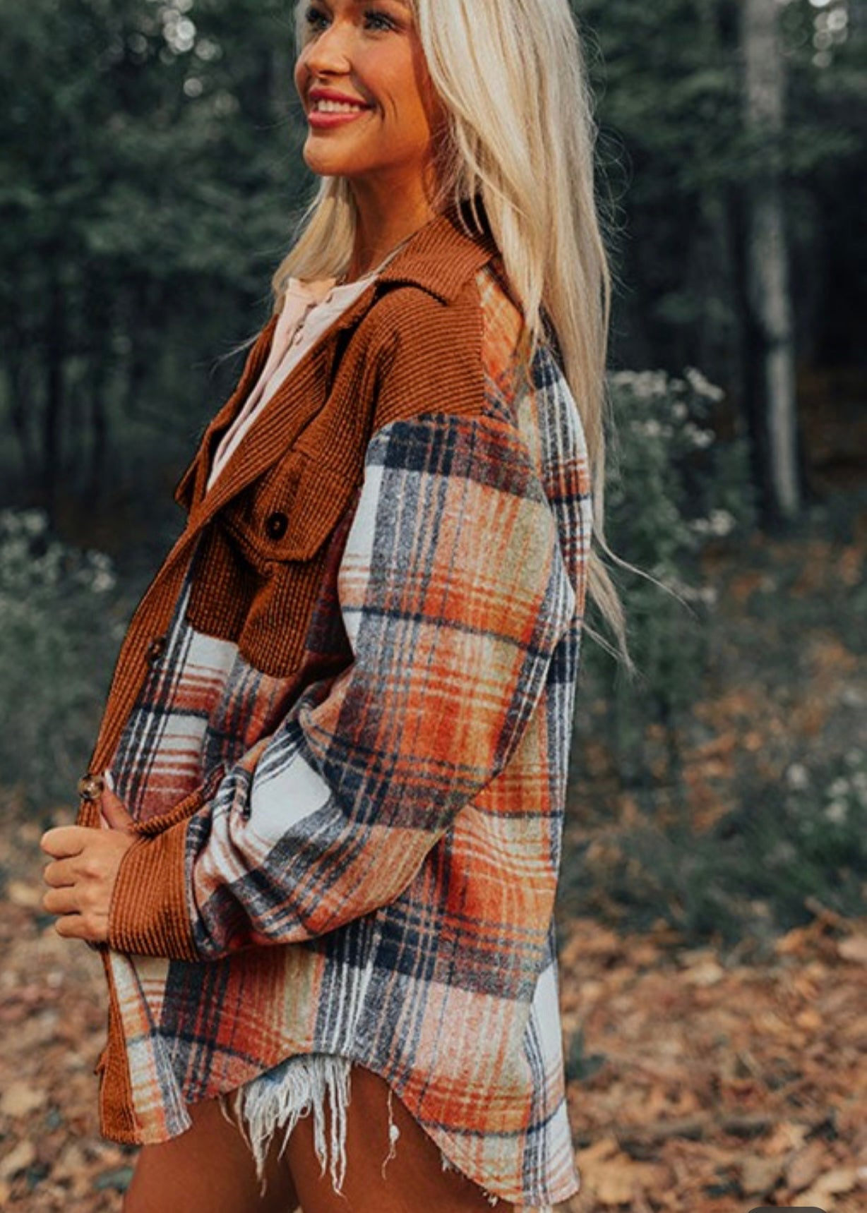 Plaid Corduroy Patch Pocket Loose Shacket Shirt EG fashion