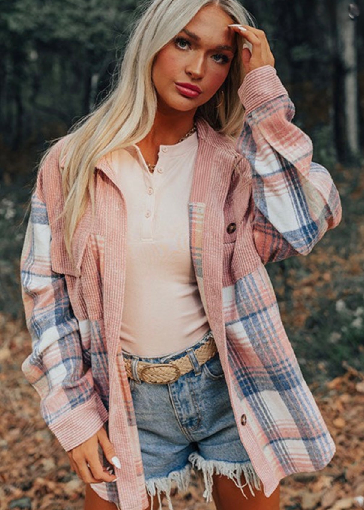 Plaid Corduroy Patch Pocket Loose Shacket Shirt EG fashion