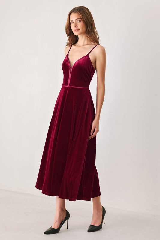 Burgundy Kiss Velvet Keyhole Midi Dress