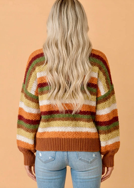 Stripe Chunky Textured Knit Puff Sleeve Sweater