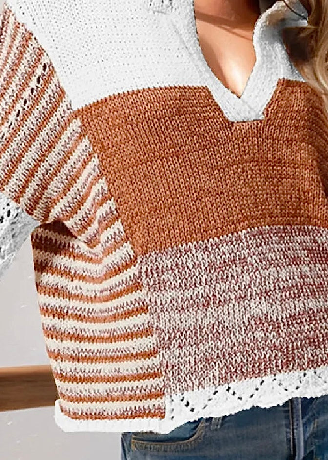 Double Take Openwork Contrast Hooded Sweater