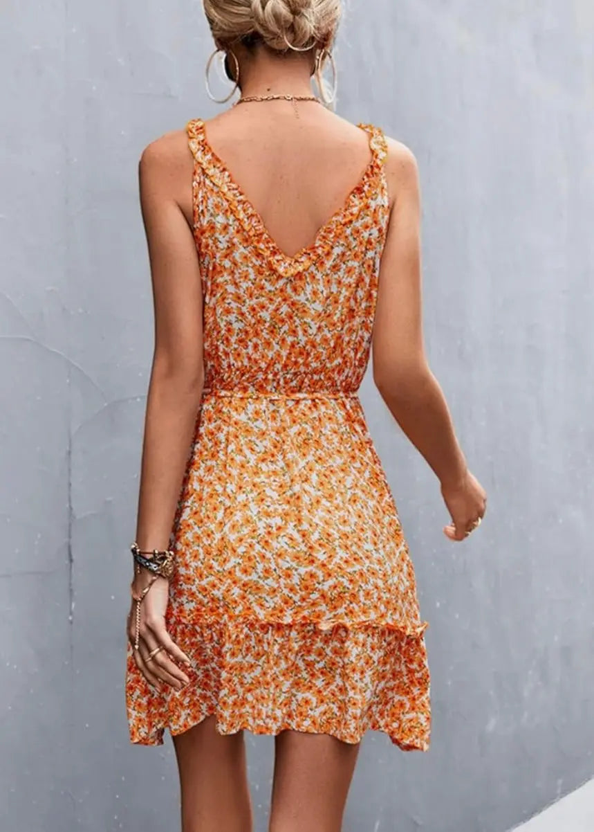 Bold Orange Floral Surplice Dress