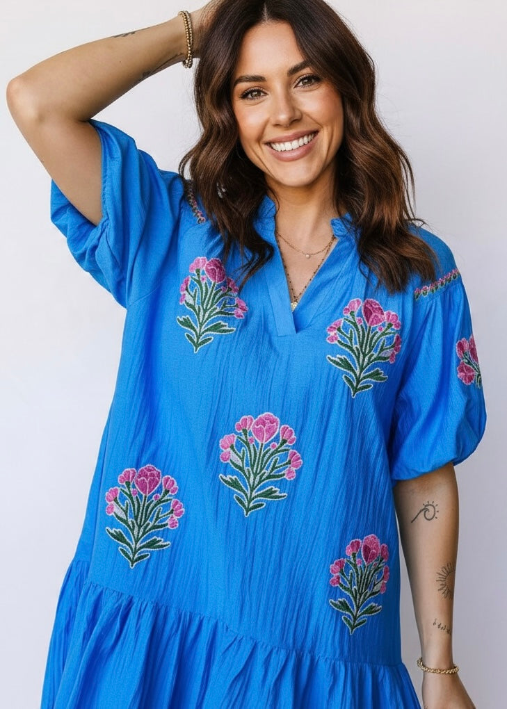 Flower Embroidered Puff Sleeve Ruffle Hem Dress