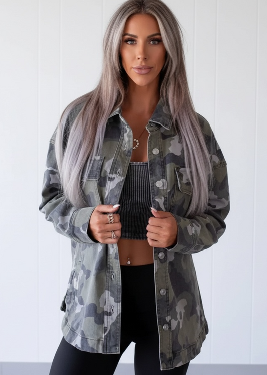 Camouflage Print Button Up Denim Jacket
