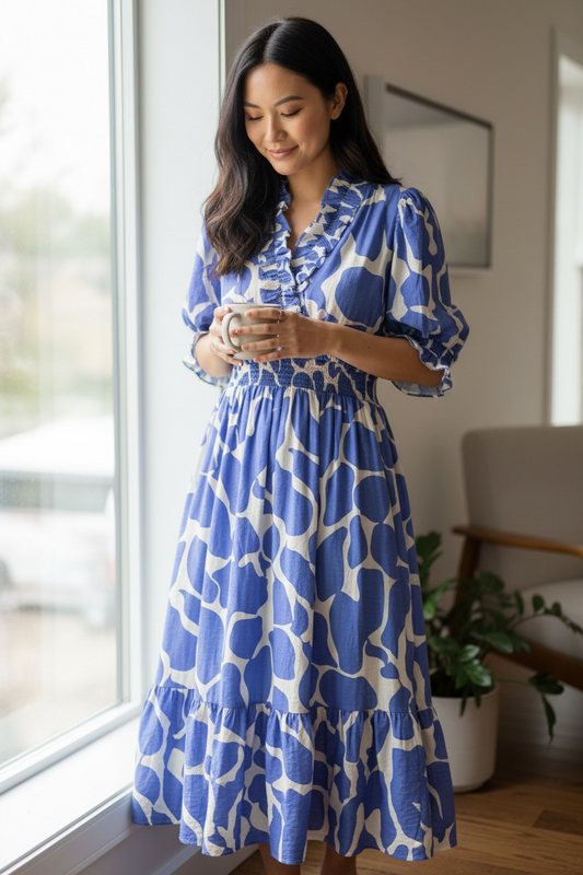 Abstract Smocked Waist Puff Sleeve Maxi Dress JUNIPER BLVD