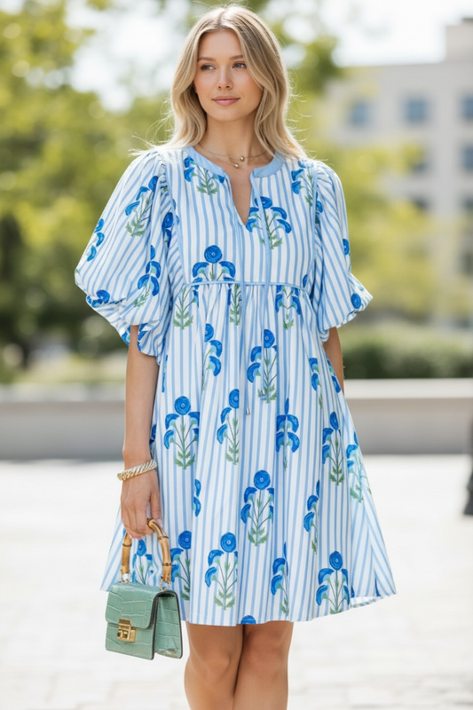 Floral Stripe Tie Notch Puff Sleeve Dress Poet Street Boutique