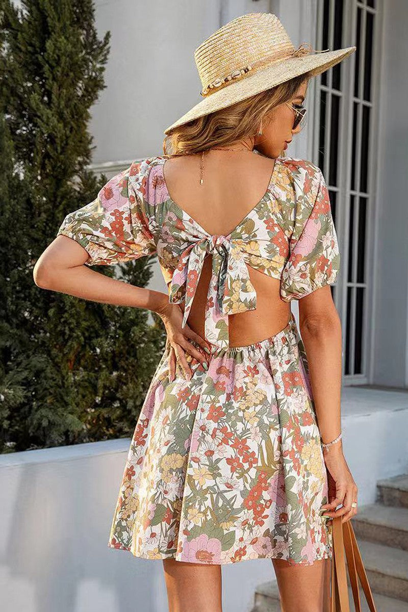Miss Sparkling Floral Smocked Mini Dress with Front Tie