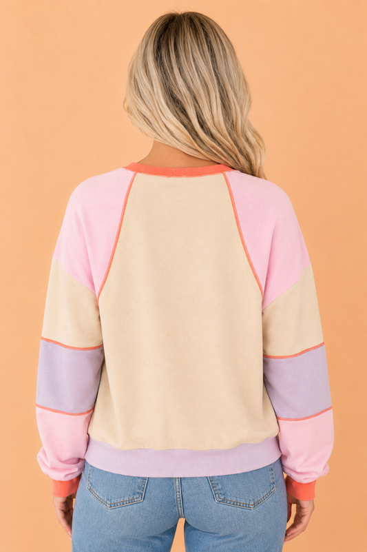 Colorblock Exposed Seam Long Sleeve Henley Top