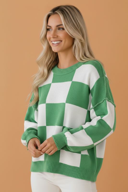Checker Exposed Seam Drop Shoulder Long Sleeve Sweater