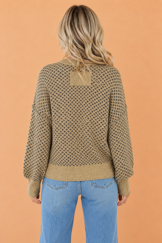 Geometric Reverse Seam Ribbed Trim Drop Shoulder Sweater