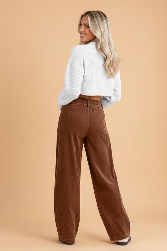 Solid Corduroy Drawstring Waist Pleated Barrel Pants