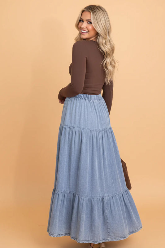 Denim Ruffle Tiered Flared Maxi Skirt